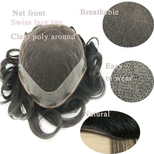 Hairnotion Echthaar Toupet Schweizer Spitze mit NPU Perücke Haarteil für Männer 7x9 Zoll Schwarz 1b # Mann Haarersatzsysteme
