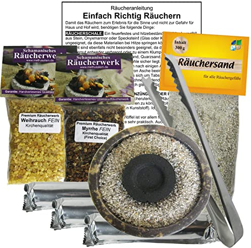 Räuchern Zubehör STARTERSET 9-TLG mit Weihrauch & Myrrhe Räucherwerk für Hausreinigung & Rauhnächte. Räucherzange + Räucherschale + 30x Räucherkohle + ZUBEHÖR + Anleitung. 81116-7KU
