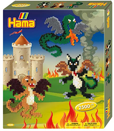 Hama Perlen 3245 Geschenk-Set Drachen mit ca. 2.500 bunten Midi Bügelperlen mit Durchmesser 5 mm, Stiftplatte, inkl. Bügelpapier, kreativer Bastelspaß für Groß und Klein