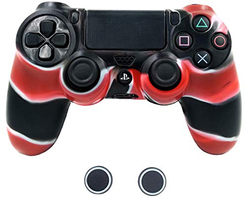 Taifond Coque de protection antidérapante en silicone pour manette PS4/SLIM/PRO avec 2 capuchons de pouce Rouge camouflage
