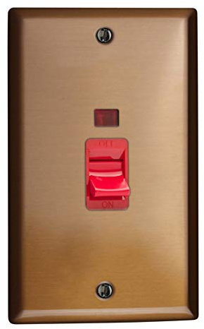 Varilight 45A Cooker Switch + Neon (Vertical Twin Plate, Red Rocker) Brushed Bronze