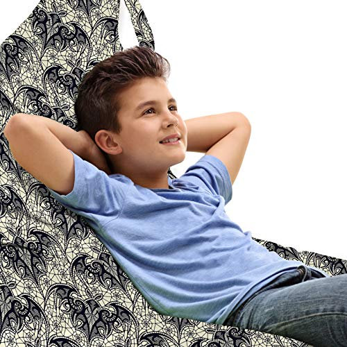 ABAKUHAUS Halloween Toy Bag Lounger Chair, Horror Bats Spider Nets, High Capacity Stuffed Animal Storage with Handle, Dark Night Blue Cream