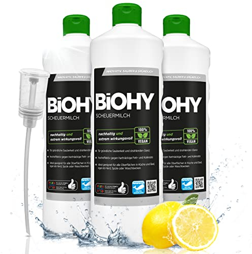 BiOHY Scouring Milk (3 x 1l Bottle) + Dispenser | effortlessly removes Burnt-in Food residues | Thorough Cleaning Without Scratching | for Enamel, Ceramic & Stainless Steel (Scheuermilch)