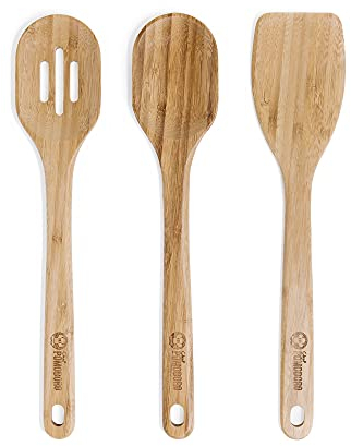 Chef Pomodoro Utensilios de Cocina Madera | Set de 3 Piezas Utensilios Cocina Bambú | Paleta Cocina Grande 31 cm, Cuchara Madera y Cuchara con Orificios | Set Menaje de Cocina
