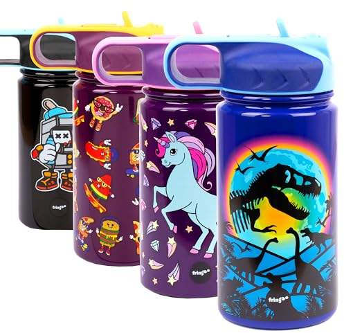 Fringoo - 350ml Toddler water bottle - Insulated Water Bottle - Stainless Steel and Straw Fliptop Durable and Cool Design - Dinosaur Moon