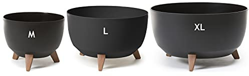 Pot de fleurs avec pieds en plastique, Jardiniere sur Pieds, Jardinière, Bol avec insert rond, couleur noir, lot 3 : M + L + XL