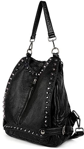 UTO Mode Rucksack Damen Kunstleder Rock Niete Handtasche konvertibeler Tagesrucksack Mädchen Reißverschlusstasche Frauen schwarz