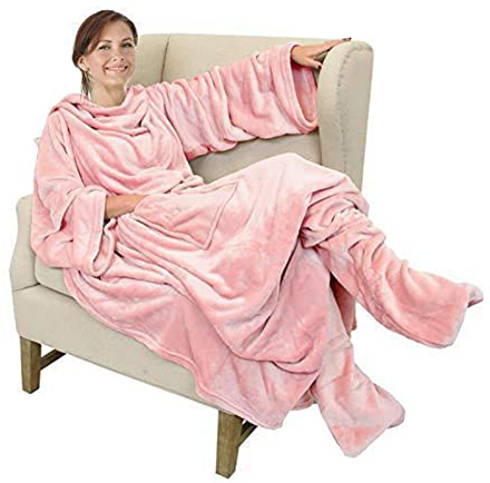 Fleece Wearable Blanket with Sleeves & Foot Pocket for Adult Women Men, Super Soft Comfy Warm Plush Throw with Sleeves TV Blanket, for Lounge Chair Couch (Pink)