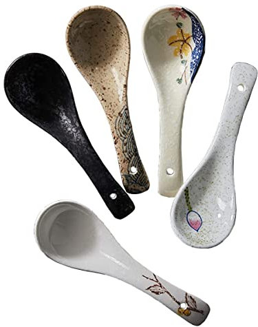 Bicuzat Juego de 5 cucharas de sopa de estilo vintage, cucharas de ramen de cerámica asiática para caldo, caos, ensalada, fideos, sopa de miso, sopa china, cuchara de arroz, 5 pulgadas