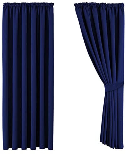 Aspire Homeware Blackout Curtains for Living Room - Pencil Pleat Bedroom Curtains & Drapes 66x72 inch Drop Super Soft Thermal Insulated Black Out Window Curtain Drapes Pair Panel + Tiebacks, Navy