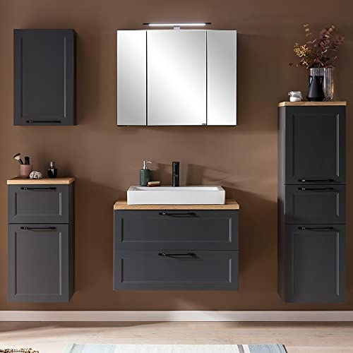 Lomadox Badezimmer Komplettset in dunkelgrau, Waschtisch 80 cm mit Kermaik-Aufsatzbecken Spiegelschrank Hängeschrank Badschrank Midischrank, B/H/T ca. 200/200/47 cm