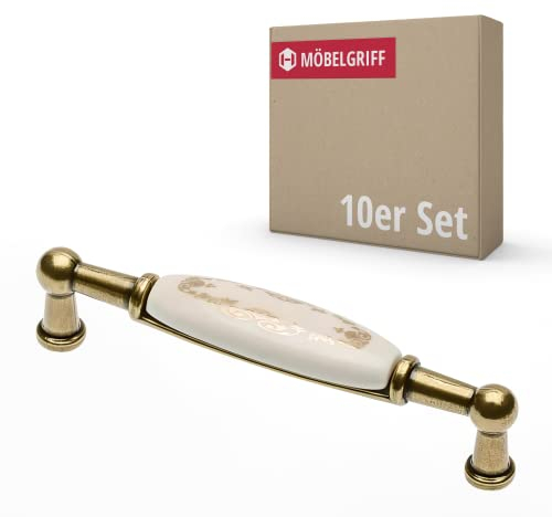 Gedotec Möbelgriff aus Porzellan | 10 Stück | Griffe für Küchenschränke inkl. Befestigungsmaterial | ERNI | Möbelgriffe mit Ornament mit BA 96 mm | Türgriffe für Schränke - Schrankgriffe