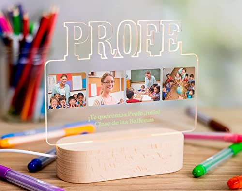 Regalo Original - Lámpara Led Metacrilato Personalizada para Profesores “Profe” - Base de Madera - Marcos de Fotos y texto Personalizados para fin de curso - Incluye Cable USB