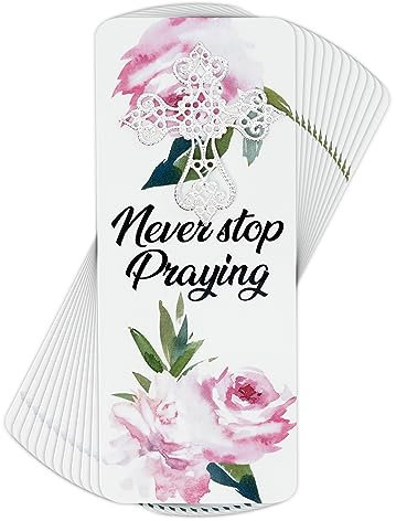 Cottage Garden EBKM-EM111S Never Stop Praying Rose and Silver Tone 6 x 3 Inch Paper Cross Embellished Place Keeper Bookmark Pack of 12