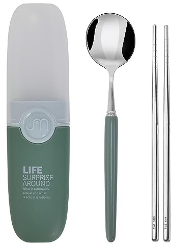 Essstäbchen Edelstahl,Tragbares Essstäbchen-Besteckset,Löffel mit Keramikgriff und Stäbchen aus Edelstahl mit Etui,Wiederverwendbares tragbares Utensil für Camping, Reisen