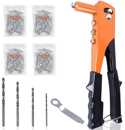 WUFANC Pince a Rivet Pop, Riveteuse Manuelle Aveugles en Métal, Pas Facile à Déformer et à Plier, Pince à Rivet Pop Aveugles Contient 200 Rivets et 4 Forets, Utilisé Pour Plaques D'immatriculation