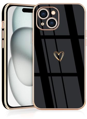 JRIANY for iPhone 15 Case, Protective Flexible Silicone Case with Cute Design Love Heart Pattern Shockproof Bumper Cover Compatible with Apple iPhone 15 - Black