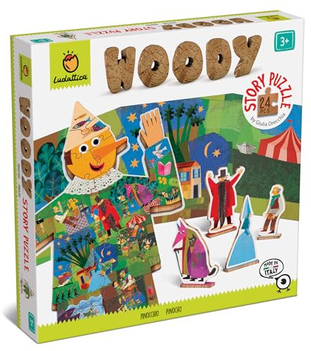 Ludattica - Woody Story Puzzle - Pinocchio | Holzpuzzle für Kinder 3+ Jahre mit 24 Teilen - Zwei Spiele in einem - Made in Italy