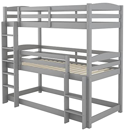 Azkoeesy Etagenbett 90 x 200 cm für 3 Kinder, umbaubar in 2 Betten, Dreierbett, Stockbett, Kiefernholz, Grau