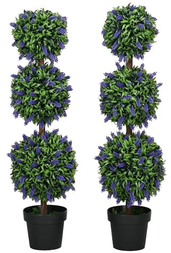 HOMCOM Set of 2 Decorative Artificial Plants Ball Trees with Lavender Flowers in Pot Fake Plants for Home Indoor Outdoor Decor, 110cm, Green