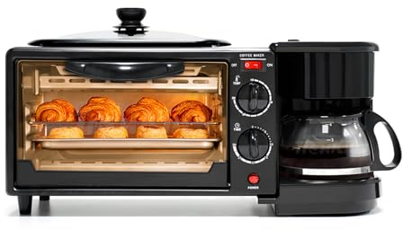 HOUSN 3 in 1 breakfast machine Minibackofen toaster coffee machine Multifunctional breakfast counter Ink 9l oven grill plate and 0.6l coffee machine mini oven with frying pan,Black