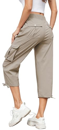 Hormtaer Women Cropped Trousers Cargo Summer Capri Joggers Ladies Pants 3/4 Length Sweatpants Outdoor Casual Hiking Trousers with 6 Pockets (Khaki, L)