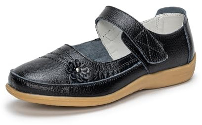 Rusffes Womens Leather Mary Jane Shoes Ladies Wide Fit Flat Shoes Casual Work Office Nurse Shoes Black 5.5uk