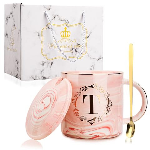 WALLFID Personalized Initials Coffee Mug Set - 12 Oz Ceramic Coffee Cup with Lid and Spoon - Mum, Women's Birthday and Friendship Gift, Pink