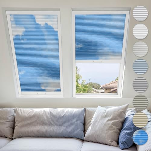 UrMoon Skylight Blinds for Roof Window, Easy Install Honeycomb Shades Cellular Blinds for Inclined Skylight Sun Room Windows (Blackout - Blue Sky)