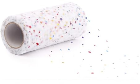 Tüllrolle mit kleine Regenbogen Pailletten,Glitter Tüll Dekostoff Tüllband,Satinband tüll Dekostoff Tüll Rolle Tischläufer mit Glitzern aus Tüllstoff Tischband für Hochzeit Party Deko-Weiß 15CM X 22M