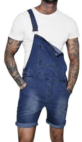 Oanviso Salopette Corta in Denim da Uomo Tinta Unita/Foro Strappato Multi-Tasche Casual Jeans Jumpsuit con Cinturino Regolabile Comodo Salopette Classico Vintage Abiti da Lavoro A Blu Scuro L