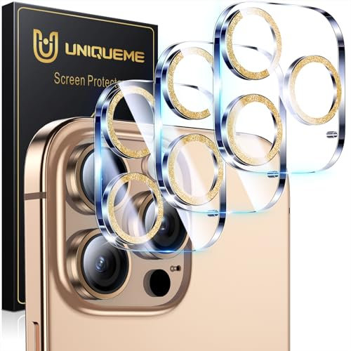 UniqueMe für iPhone 16 Pro/iPhone 16 Pro Max Kameraschutz - [Kratzfest, Stabil] Ultra-Klar 9H Härte Kameraschutz für iPhone 16 Pro Max/iPhone 16 Pro Kamera Schutz [3 Stück] - Diamant Gold