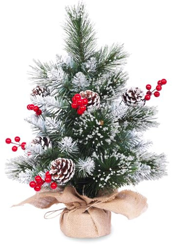 Tischweihnachtsbaum | Kleiner Weihnachtsbaum, 6 Tannenzapfen, 6 Beeren, 50 Spitzen (künstliche Kunsteisperlen und dünner Kunstschnee) | Flauschig und realistisch | Verleiht eine festliche Note | 2 Fuß