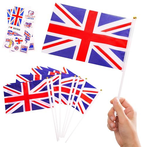 10pcs Mini Union Jack Flags on Sticks & 2pcs Tattoos, Small United Kingdom Flags British Decorations UK Hand Held Flags for Sports Games 2024 Sports Events Royal Party Decorations