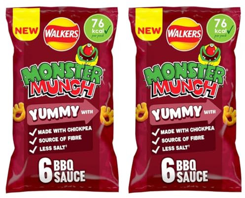 Walkers Monster Munch BBQ Sauce Flavour Crisps, 6 x 16g, (2 Pack), 76 Kcal Per Pack, 319 KJ Per Pack, Source of Fibre, No Artificial Colours or Preservatives, Baked, Less Salt, Suitable for Vegetarian