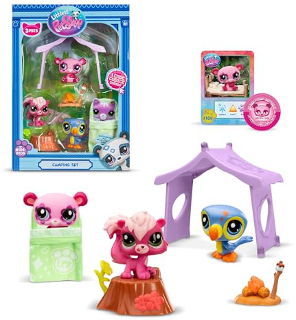 BANDAI Littlest Pet Shop - Pack Set Camping 3 Animaux et Accessoires - Littlest Pet Shop LPS Panda Écureuil Toucan - Coffret Jouet Mini Figurines Animaux Mignons - Jouet Enfant 4 Ans et + - BF00574