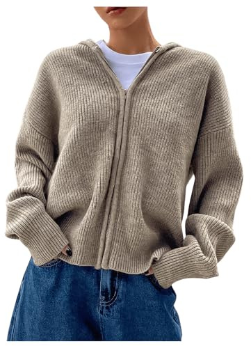 SOLY HUX Zip Up Cardigan for Women Hooded Cardigan Sweater Knitted Drop Shoulder Fall Clothes Winter Hoodies Outerwear Plain Khaki Medium