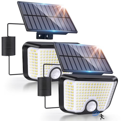 LaiTeny 2 Stück Solarlampen für Außen mit Bewegungsmelder, 155 LED Solar Strahler Aussen Solar-Split Lampe, IP65 Wasserdichte Winterfest 270° Beleuchtungswinkel Aussenleuchte für Garten, Garage