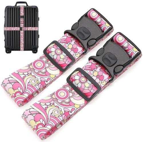 MOTONG 2 Stück Koffergurt-200CM Kofferband Verstellbare Rutschfestes, Kofferband Auffällig Personalisierte Zur schnellen Identifizierung Kofferbänder Kreuzgurt, Luggage Strap(Pink Blume)
