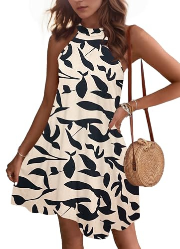 WNEEDU Sommerkleider Damen Kurze Strandkleider Neckholder Ärmelloses A-Linie Kleider mit Taschen
