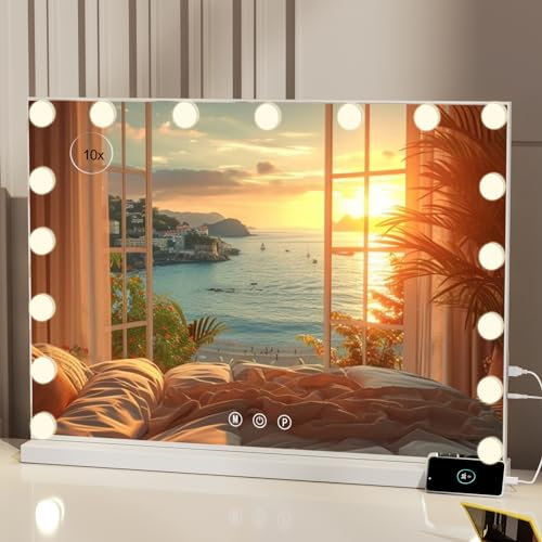 Saimeihome Schminkspiegel mit Beleuchtung, 17LED Dimmbarer Hollywood Spiegel mit 3 Lichtmodi, 70x55cm Touch Control Kosmetikspiegel für Tisch- & Wandmontierbar