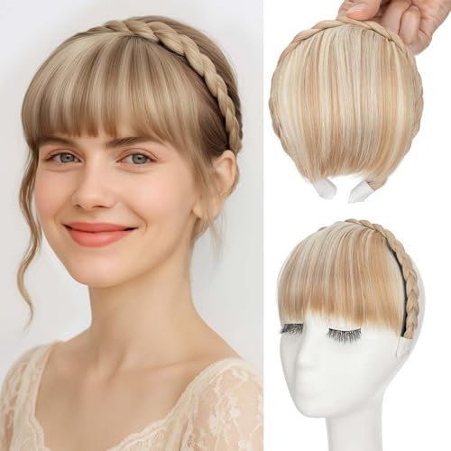 S-noilite Stirnband mit Pony Fransen, Front Haar Pony Perücken Stirnbands, Synthetische geflochtene Haarverlängerungen Haarteil,Dunkelblond-Mix mit Blondblond