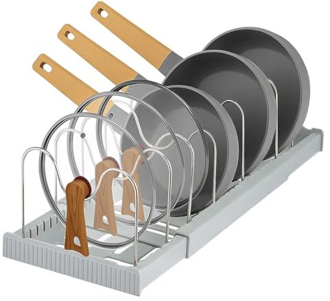 Expandable Pan Lid Organiser Rack 7 Adjustable Dividers, Anti-slip Pantry Cupboard Organiser Kitchen Drawer Bakeware Plate Holders for Pots, Pans, Chopping Board, Saucepan, Baking Trays (7 Tier)