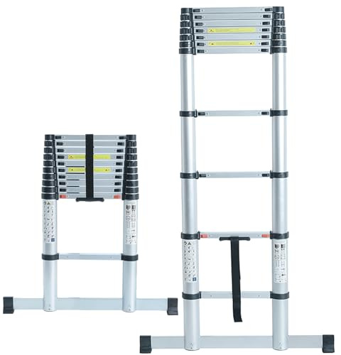 Telescopic Ladder 3.2m Max Height 10 Steps Soft Close SAFETY System, Bottom Stabaliser Bar for Additional Stability