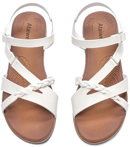 Ataiwee Sandales plates pour femmes - Sandales d'été décontractées à enfiler confortables avec bride à la cheville et bout ouvert,blanc,42 EU,2407001