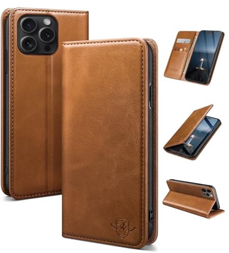 SUANDUCK for iPhone 15 Pro Max 6.7 mobile phone case magnetic leather flip case with RFID-blocking card compartment, adjustable stand and 360° drop protection with Apple 15 Pro Max Light Brown