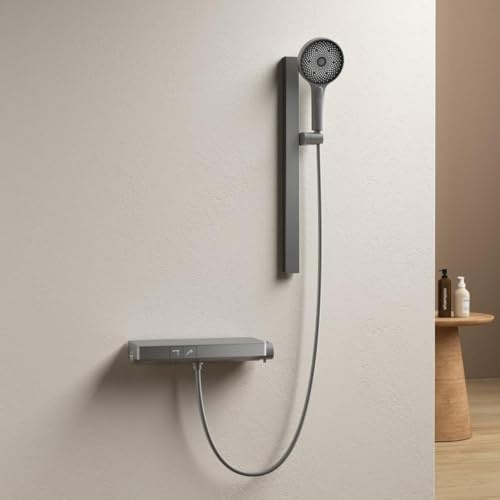 EMKE Duschsystem mit Thermostat Anthrazit Matt, Duschset mit 40 cm Glasablage, Duscharmatur Komplettset mit 3-Funktionshandbrause, Duschsäuleset Höhenverstellbare, kleine Badezimmer, KTW Zertifizieren
