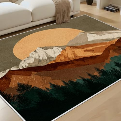 RRUxiia Berg Wald Teppich Kinderzimmer 150x180 cm Kunststil Teppich Kurzflor rutschfest Waschbar Naturlandschaft Carpet für Wohnzimmer, Schlafzimmer, Bettvorleger