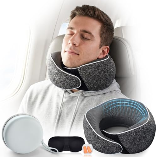 Nackenkissen Reisekissen Flugzeug & Auto, 4 IN 1 mit Maske & Stöpsel, Ergonomisches Memory Foam Nackenhörnchen & Travel Pillow, Weiche Nackenstütze zum Schlafen, Reise Zubehör Gadget, Waschbar Kompakt