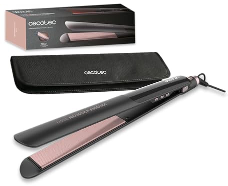 Cecotec Plancha de Pelo Estrecha - Cerámica - Lisse NanoSilk Essence Black. Revestimiento NanoSilk, Función HeatMax, 130-230ºC, Queratina y Aceite de Argán, Apagado Automático, Bolsa de Viaje